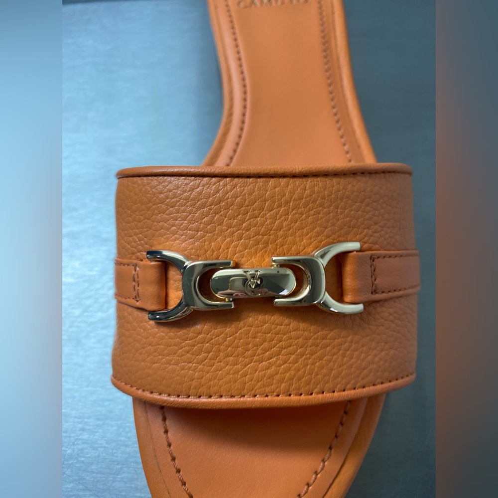Vince Camuto Orange Leather Mules with Gold Accent - Picture 8 of 15